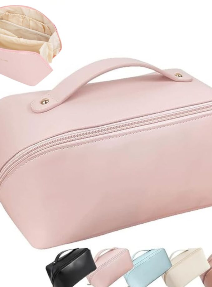 Travel Cosmetic Bag With Handle And Divider - Multifunctional Makeup Bag For Easy Access, Waterproof- (Pink)