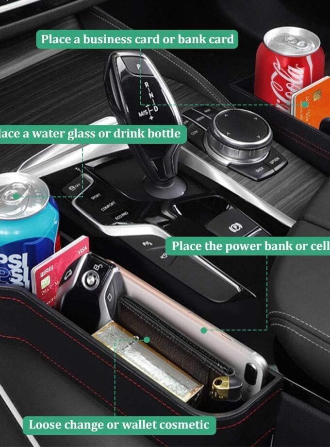 ar Side Gap Organizer|Car Accessories Interior with Mobile Holder, Bottle/Cup Holder, Card Slot|Charger Hole for Car Front Seat|Leather Storage Accessories