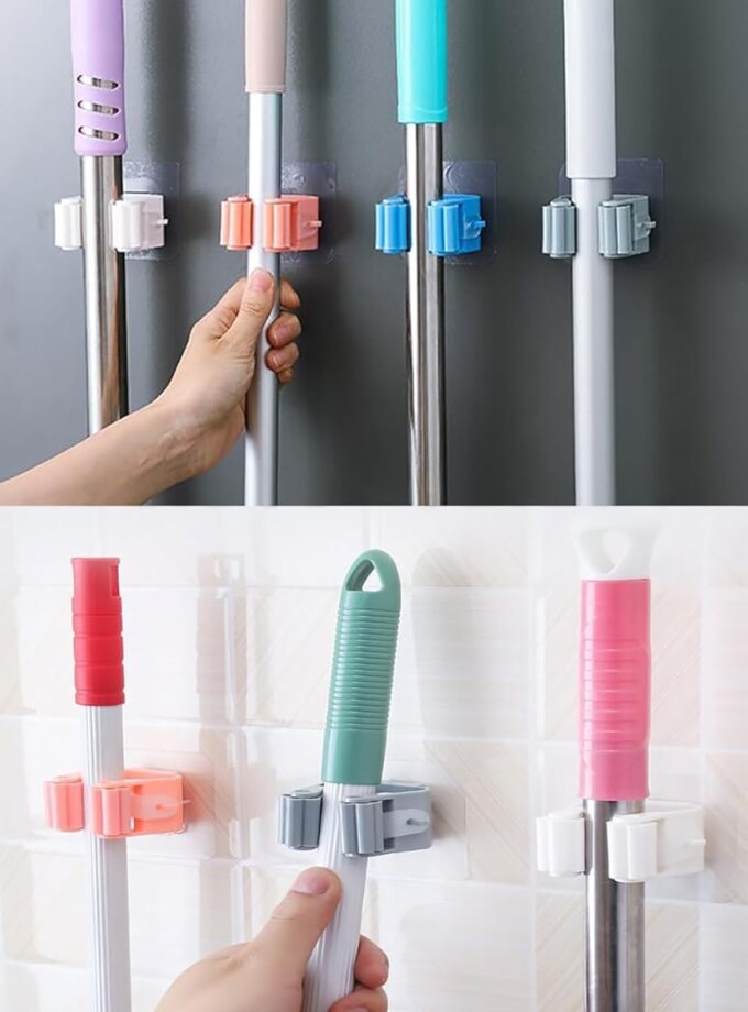 Single broom holder bracket Adhesive Mop Holder and Broom Holder Wall Mounted Steel use for bathroom No Drilling Wall Mount Broom Holder use for cloth mop hanging holder (5 pcs)