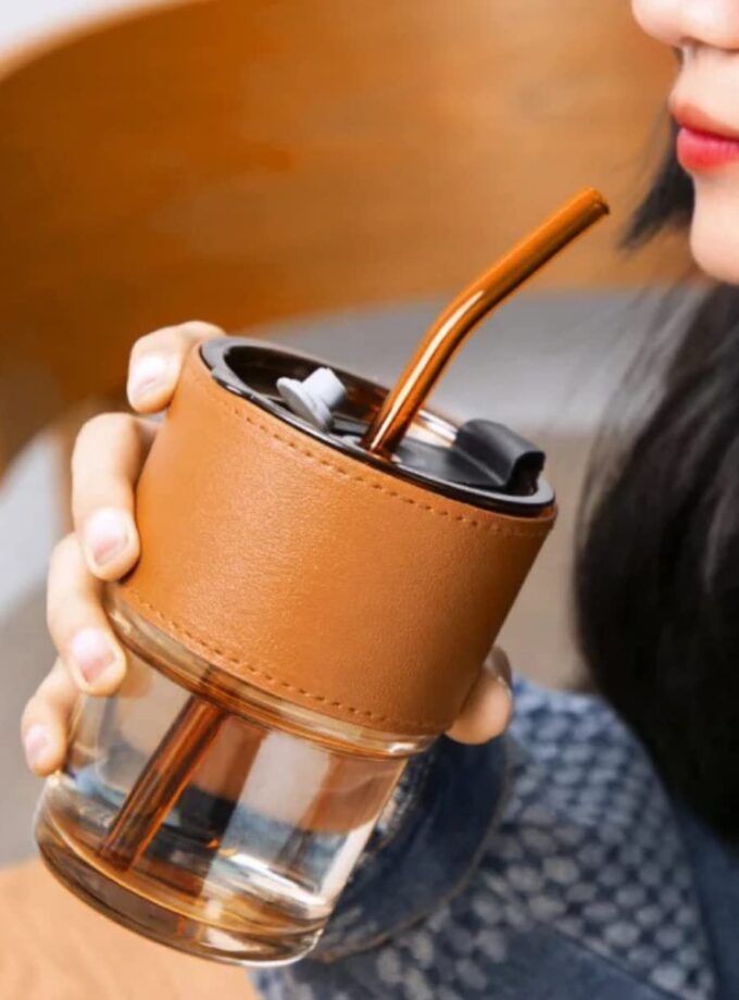 Glass Sipper Tumbler Lid And Straw Coffee Tumbler Tea Coffee Mugs With Leather Sleeve Cup And Mug For Kids Milk Juice Mug For Water Drinking Sipper